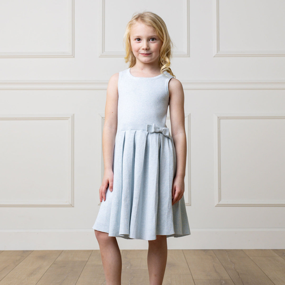 Girls’ Organic Cotton Pleated Sweater Dress | Light Blue