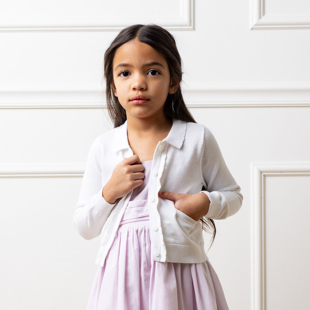 Girls’ Organic Cotton Scallop-Edge Cardigan – White