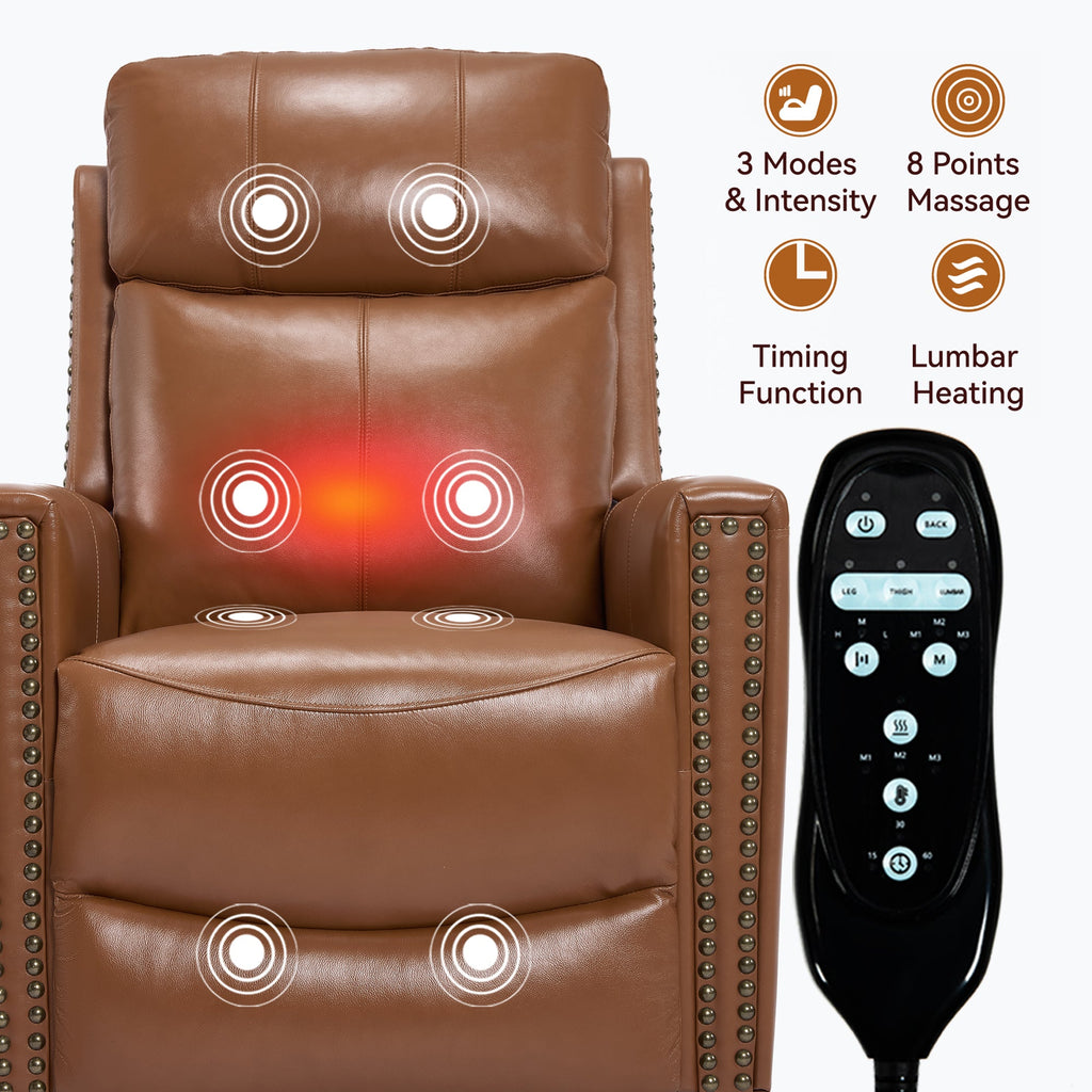 Genuine Leather Swivel Massage Recliner with Lumbar Heat