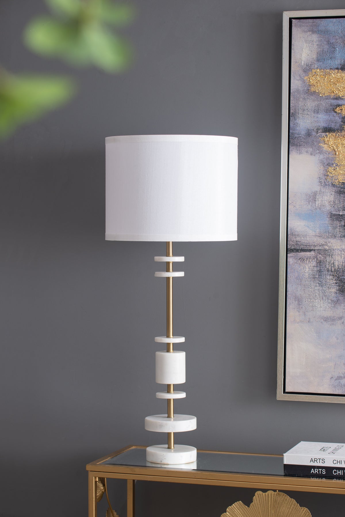 White Marble Table Lamp with Brass Frame and Drum Shade - White