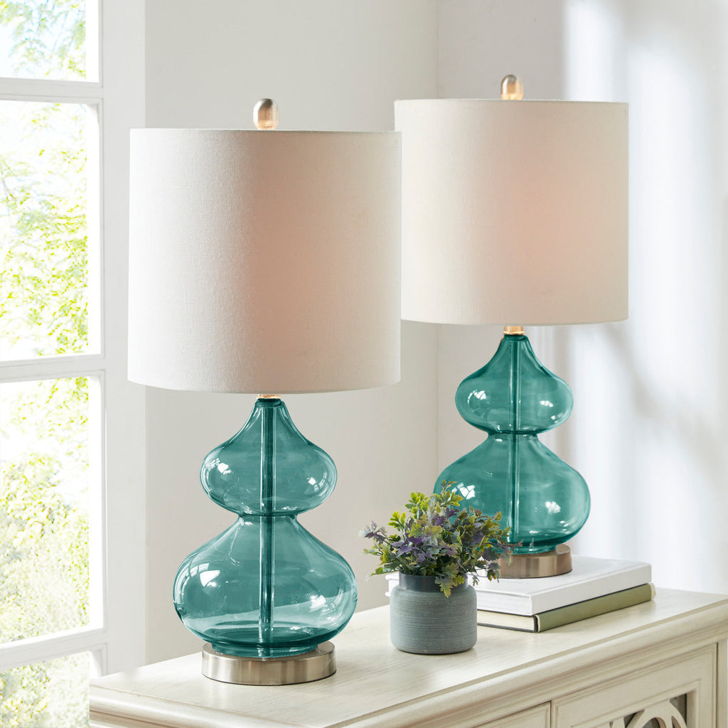 Ellipse Curved Glass Table Lamp Set of 2 with Curved Blue Glass Base - Blue