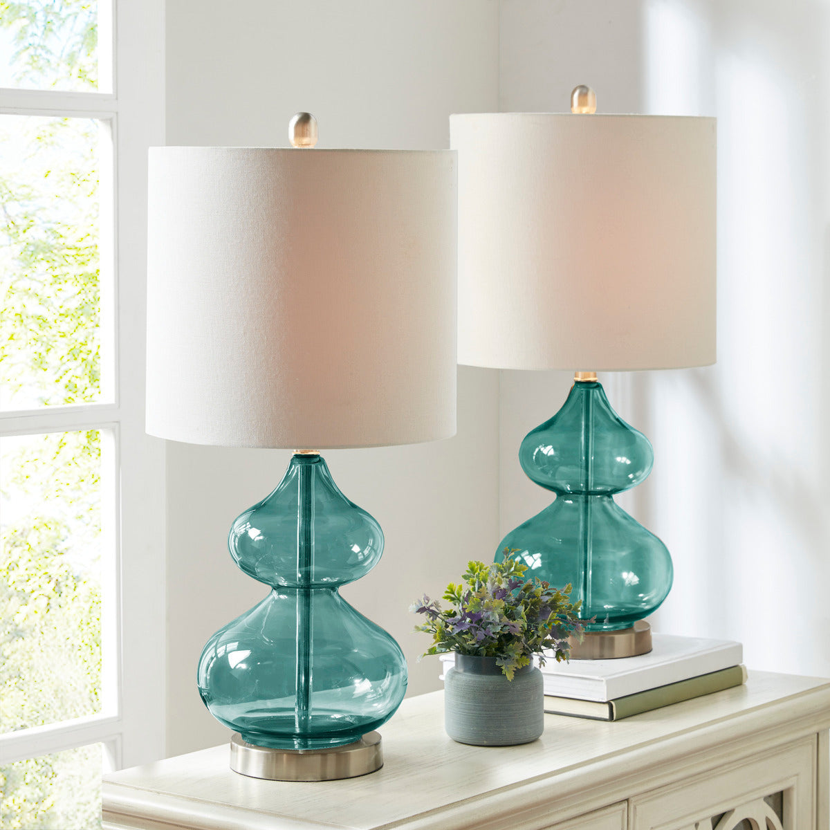 Ellipse Curved Glass Table Lamp Set of 2 with Curved Blue Glass Base - Blue