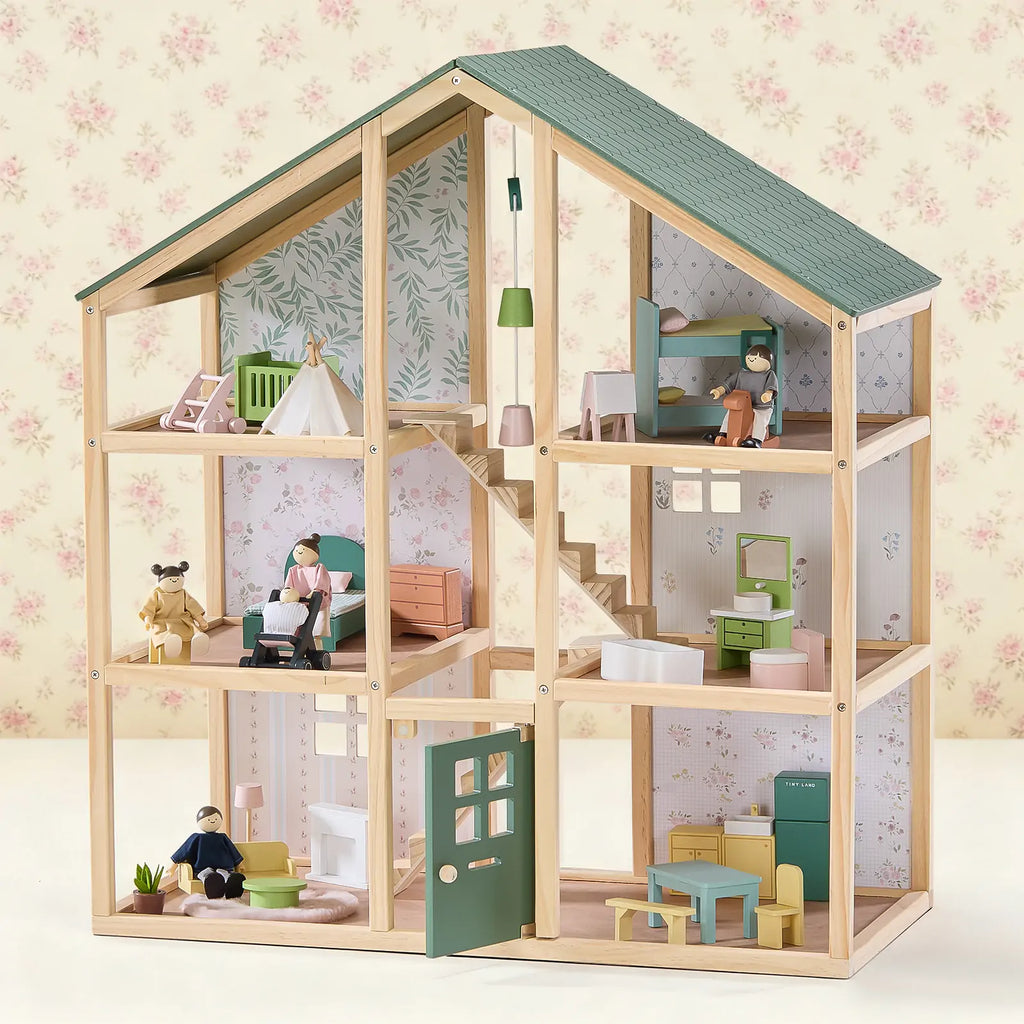 Tiny Land® Sweetwood Evergreen Dollhouse & Wooden Family Set