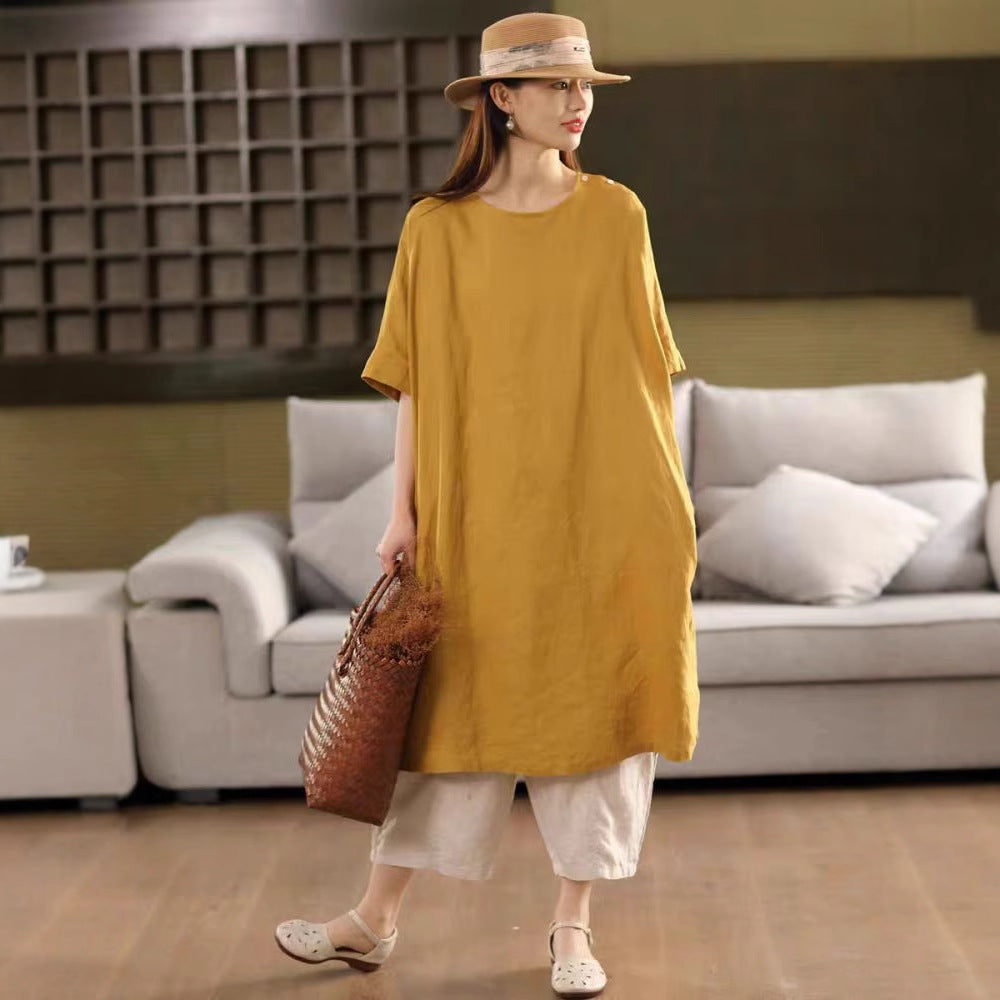 Vintage Linen Dress with Belt Loose Fit Pullover Midi Dress for Women