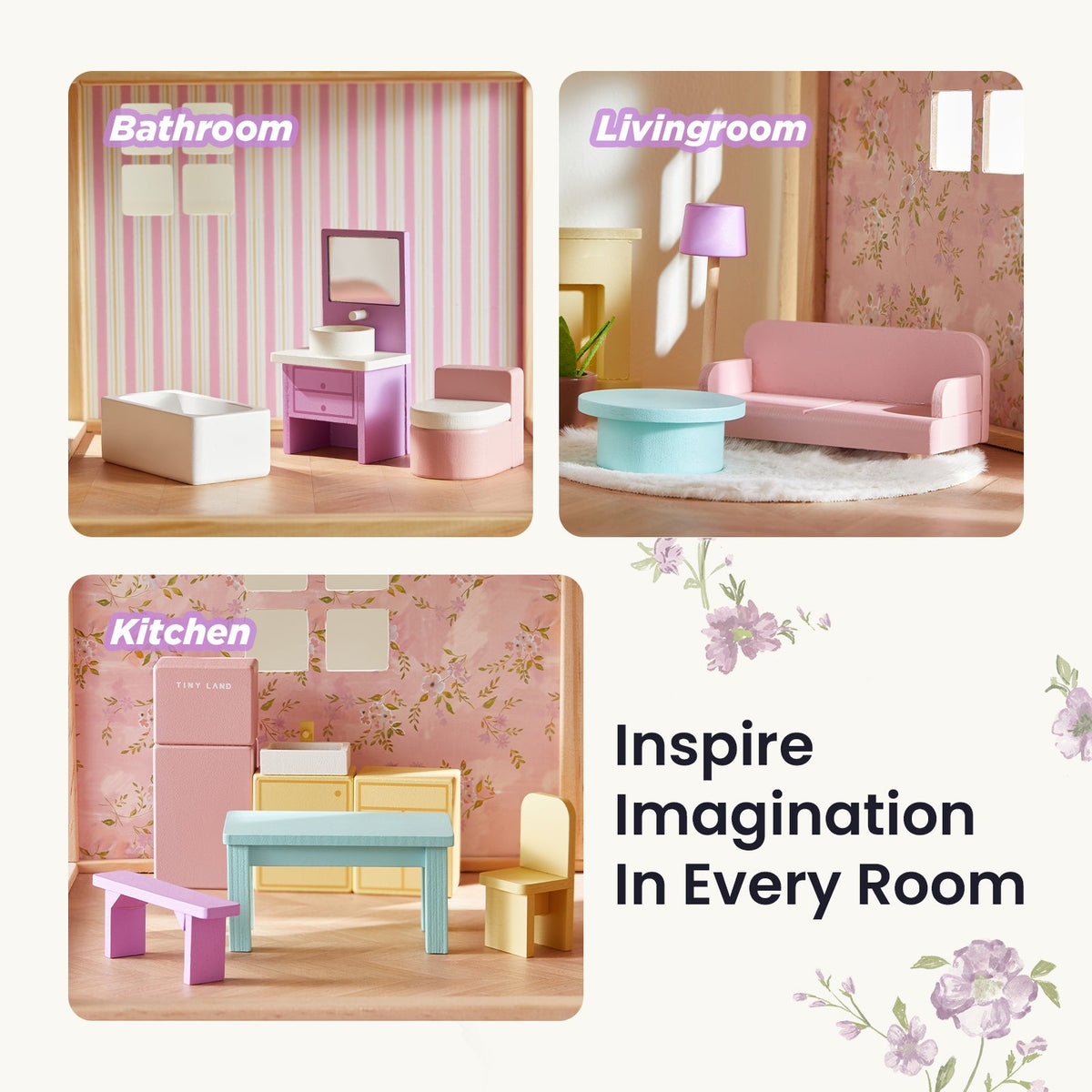 Tiny Land® Sweetwood Wooden Dollhouse with 30 Furniture Pieces