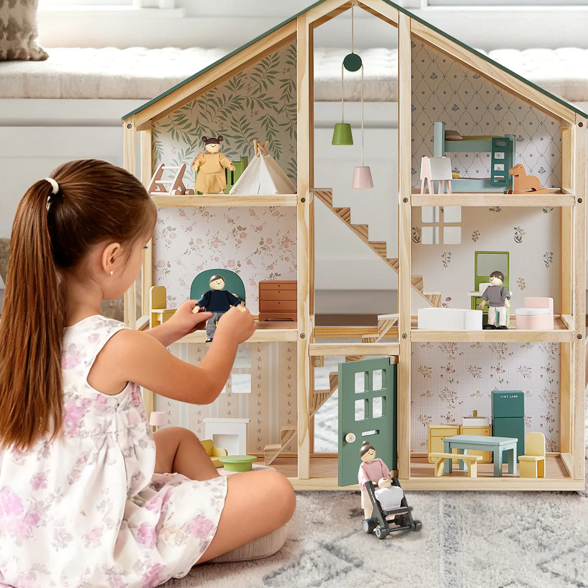 Tiny Land® Sweetwood Evergreen Dollhouse & Wooden Family Set
