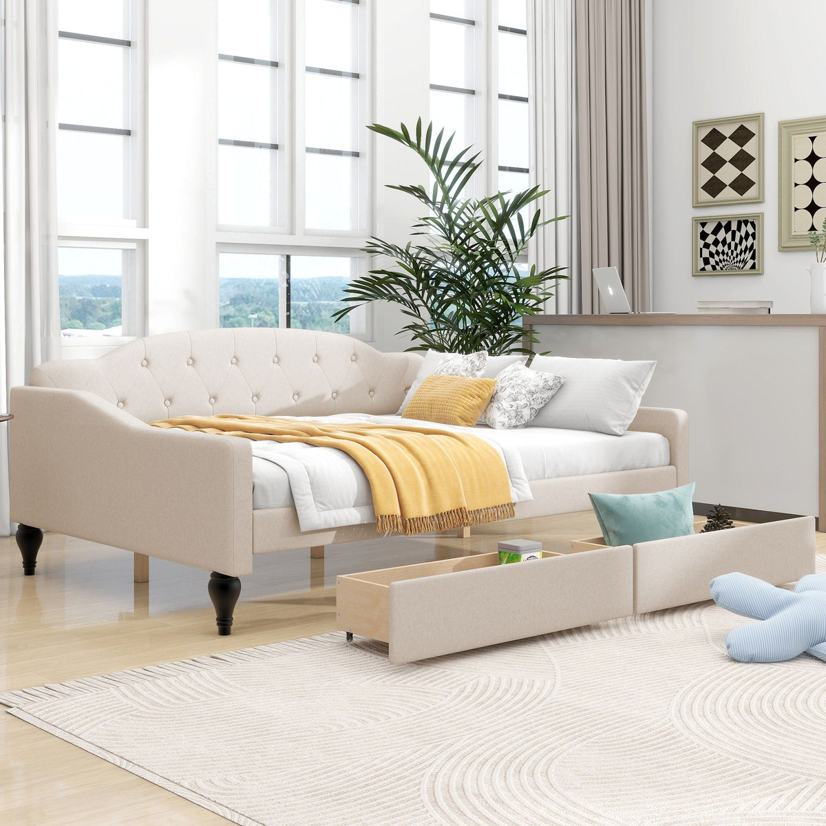 Tufted Upholstered Full-Size Daybed | Beige