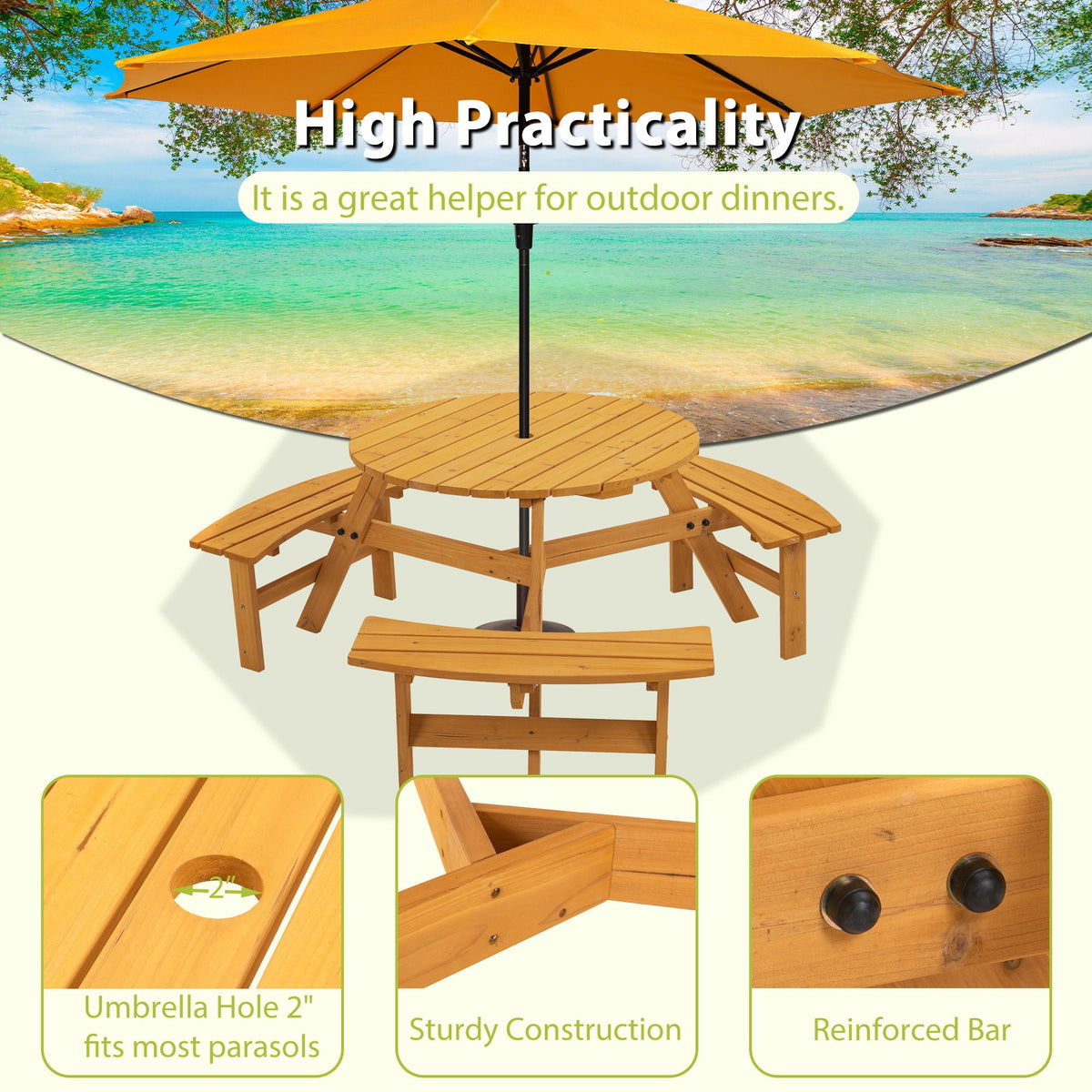 Round Fir Wood Picnic Table with Three Benches | Seats 6