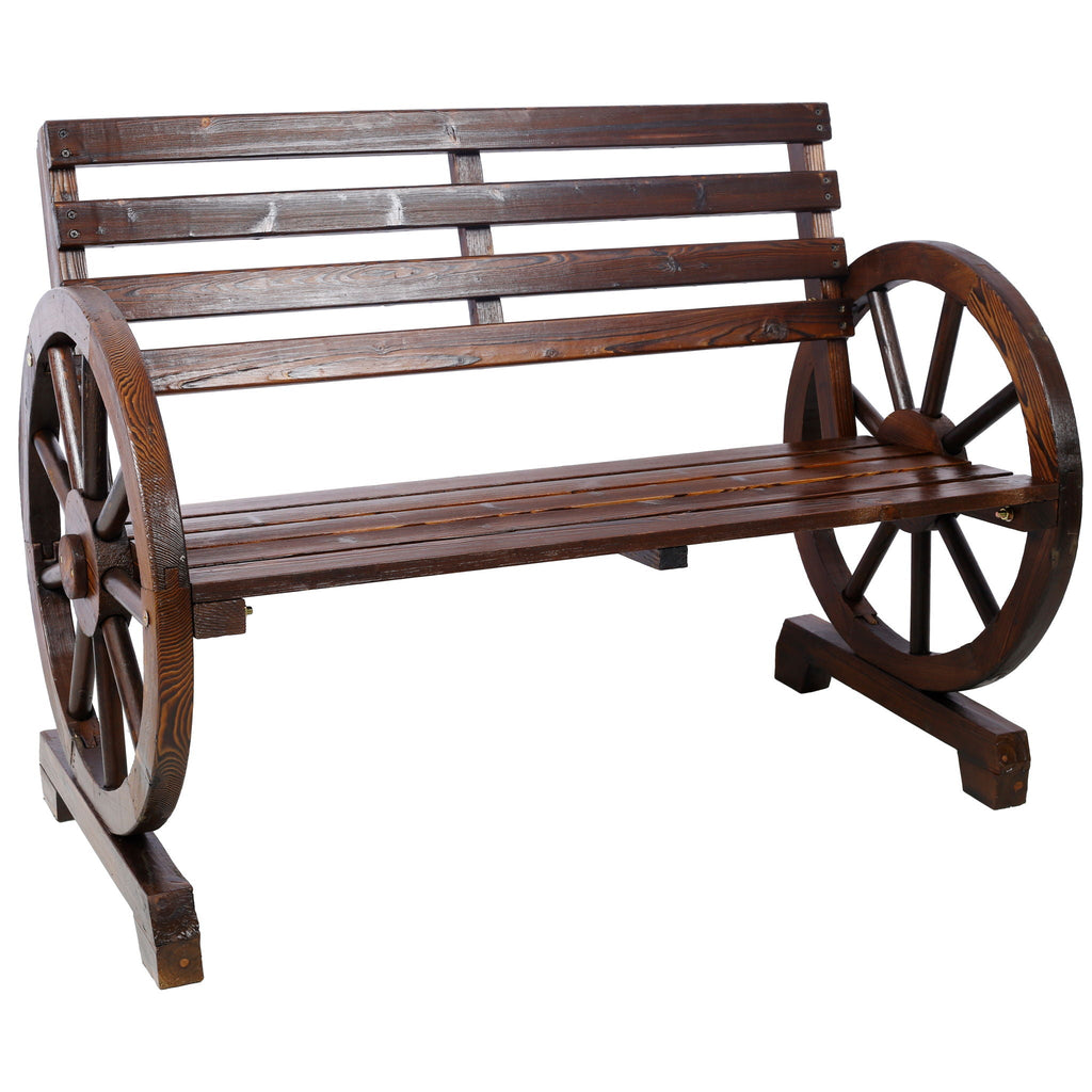 Wagon Wheel Fir Wood Garden Bench | Dark Brown, Two-Seater