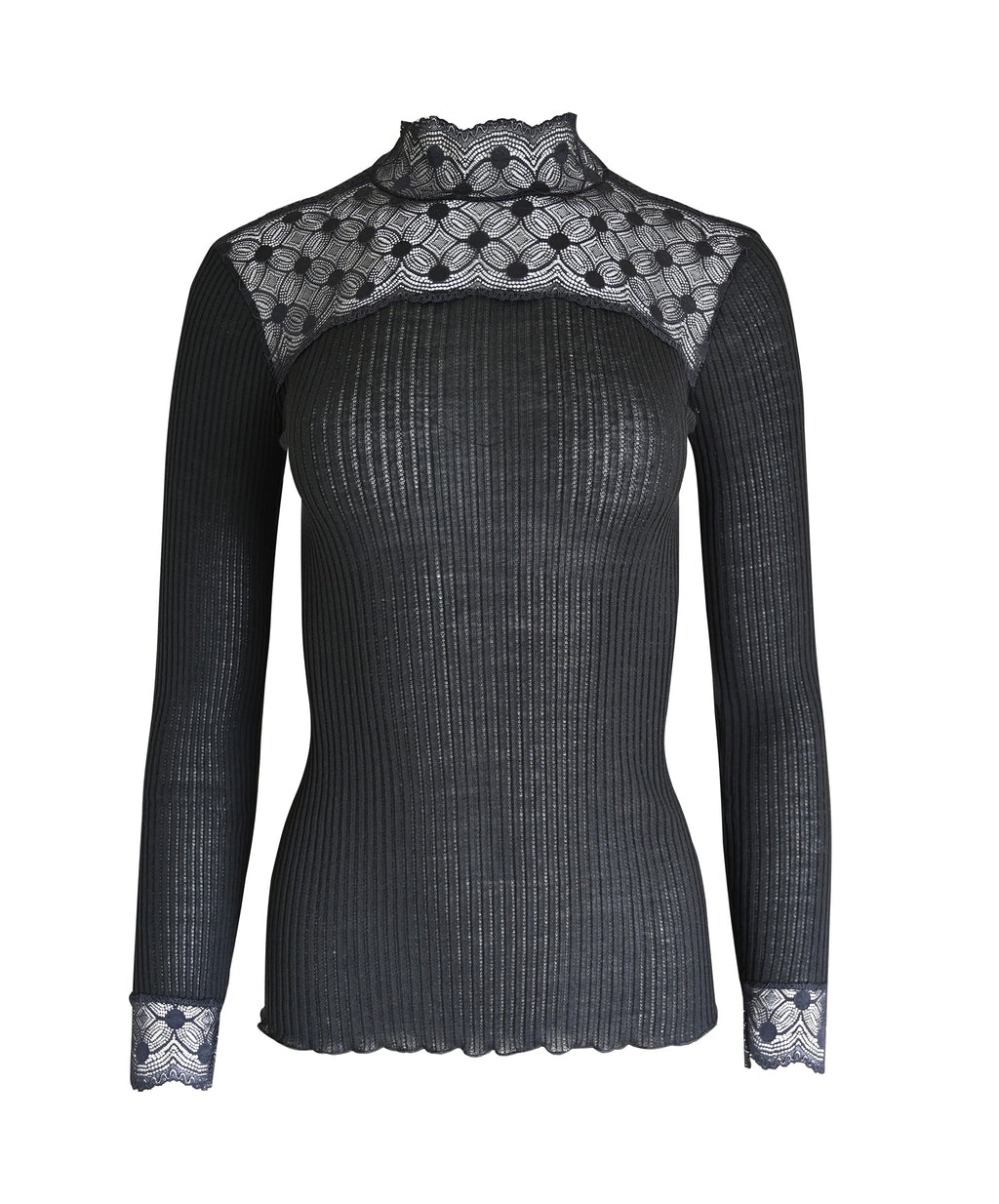EGi Women's Merino Wool Blend Mock Neck Top | Long Sleeve | Lace Trim | Made in Italy