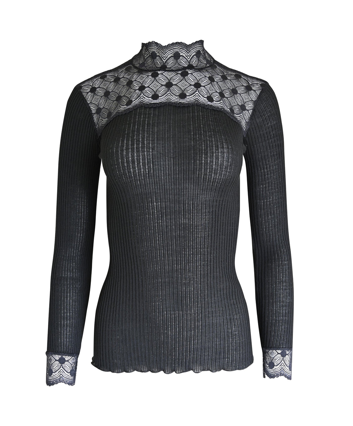 EGi Women's Merino Wool Blend Mock Neck Top | Long Sleeve | Lace Trim | Made in Italy