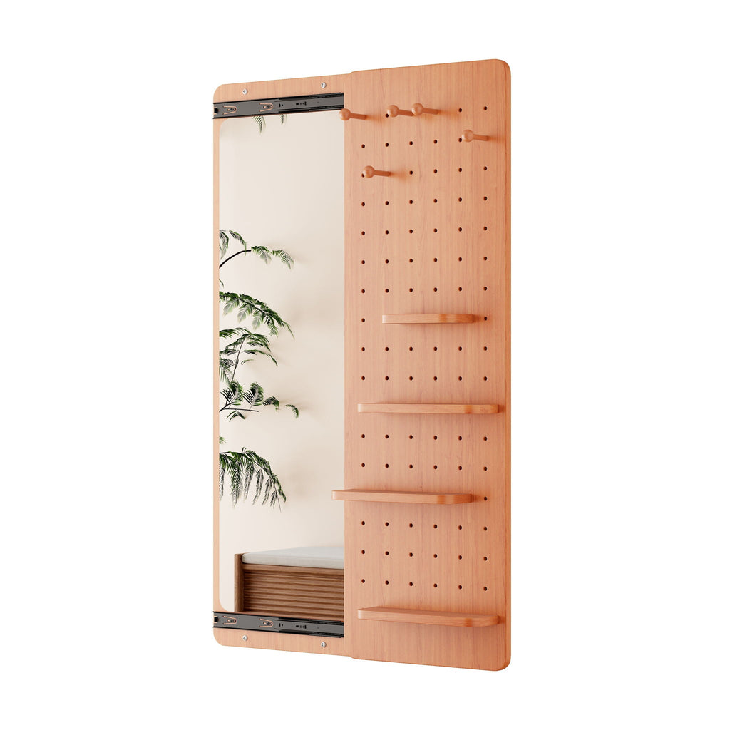 Wall-Mounted Wood Storage Mirror with Shelf & Hook