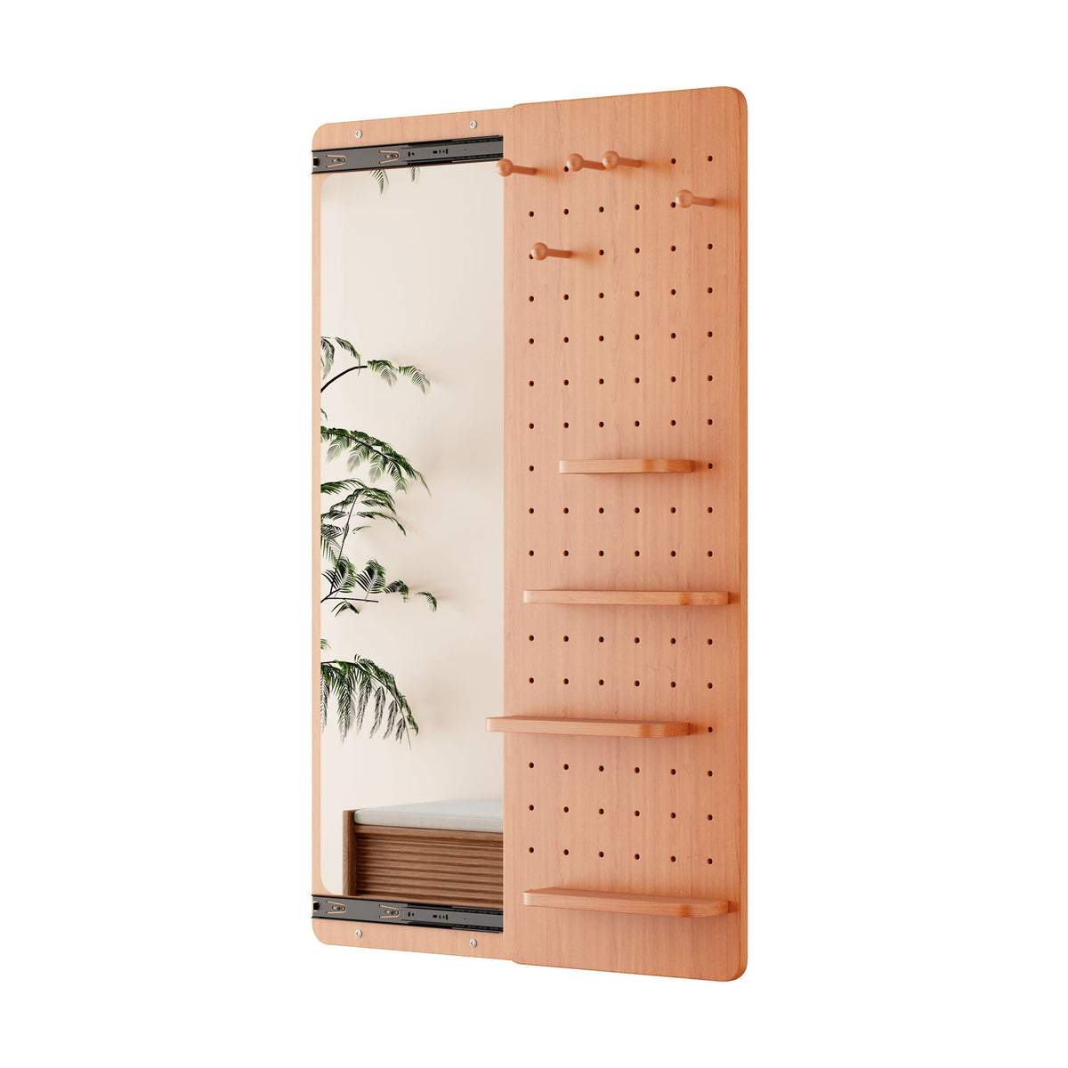 Wall-Mounted Wood Storage Mirror with Shelf & Hook