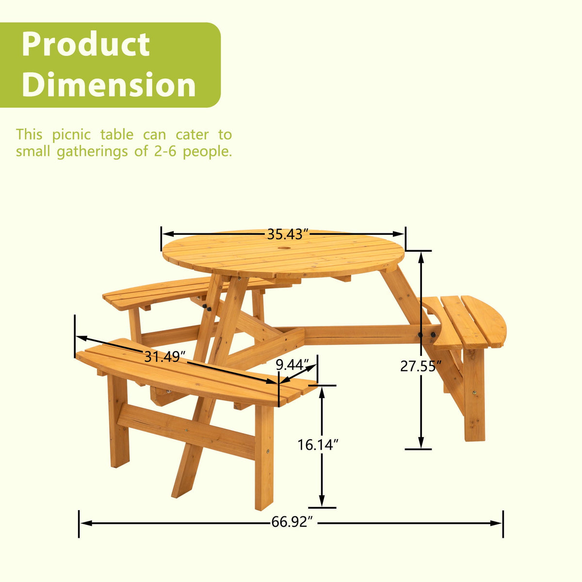 Round Fir Wood Picnic Table with Three Benches | Seats 6