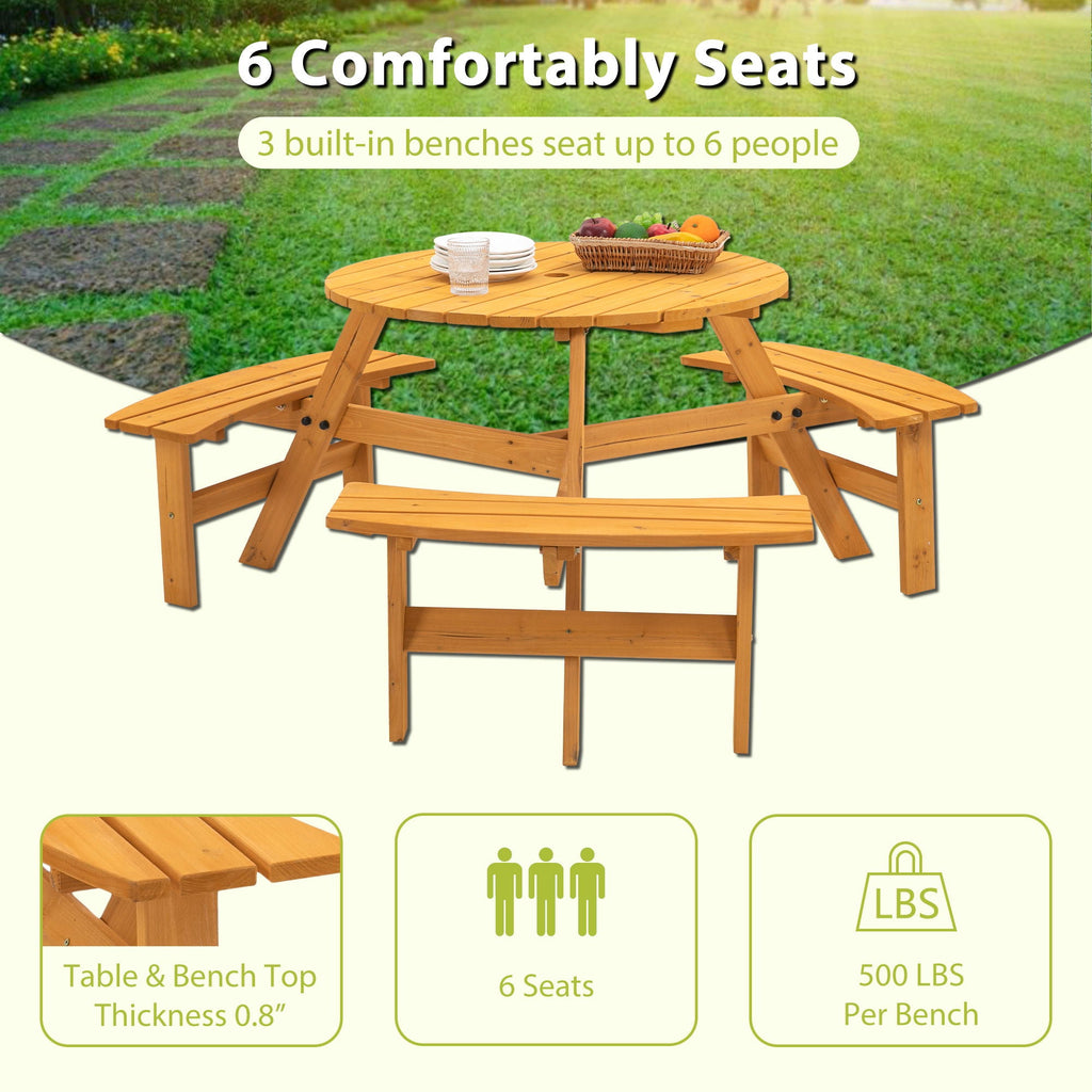 Round Fir Wood Picnic Table with Three Benches | Seats 6