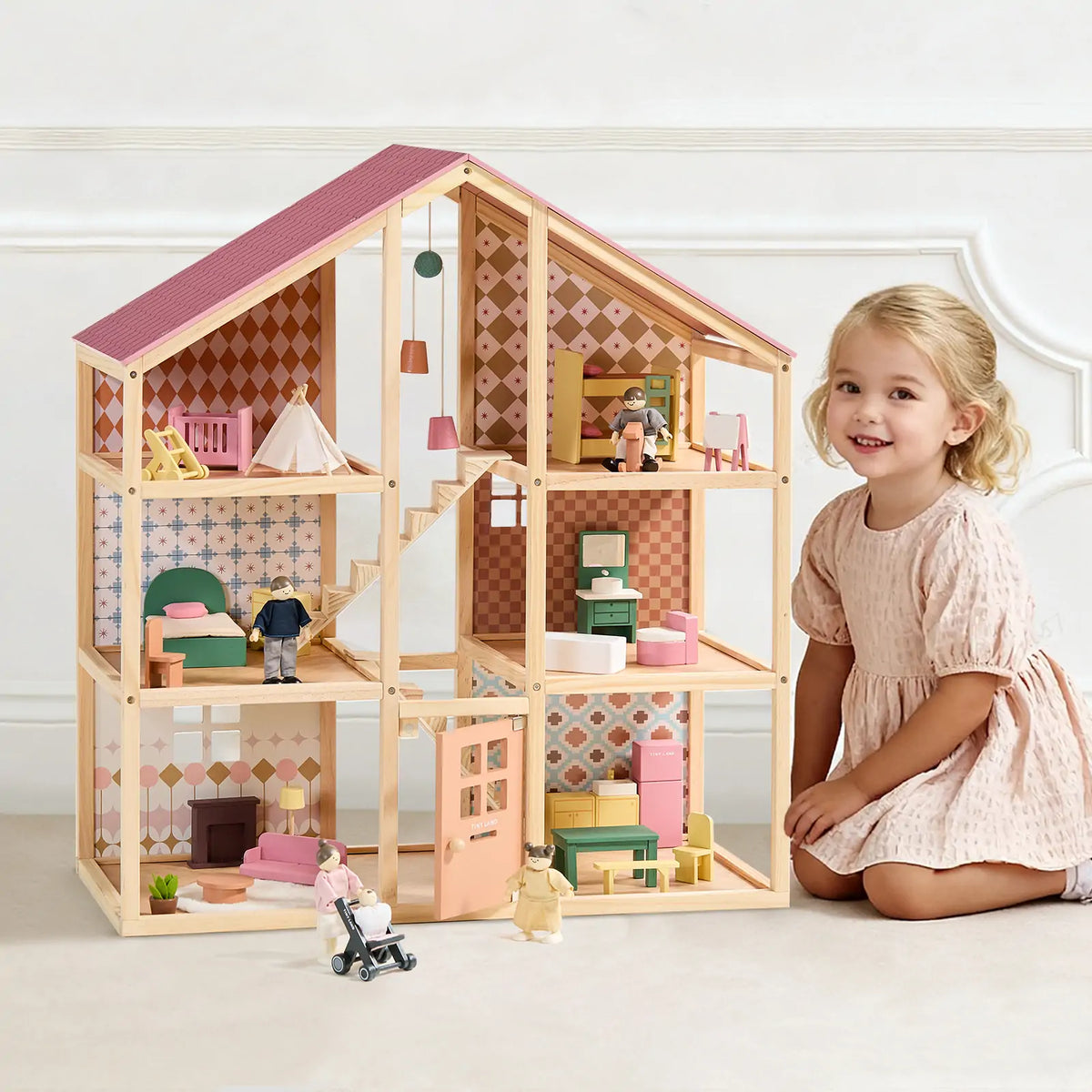 Tiny Land® Sweetwood Pegasus Dollhouse & Wooden Family Set