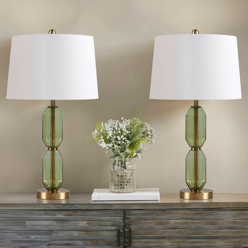Faceted Green Glass Table Lamp with White Fabric Shade - Green