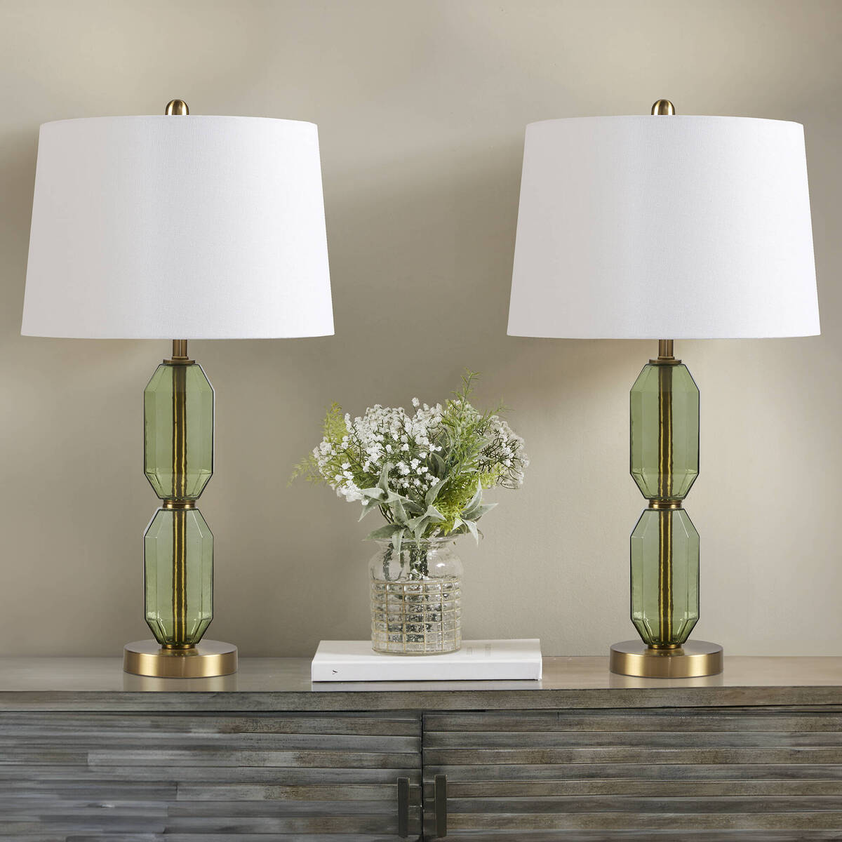 Faceted Green Glass Table Lamp with White Fabric Shade - Green