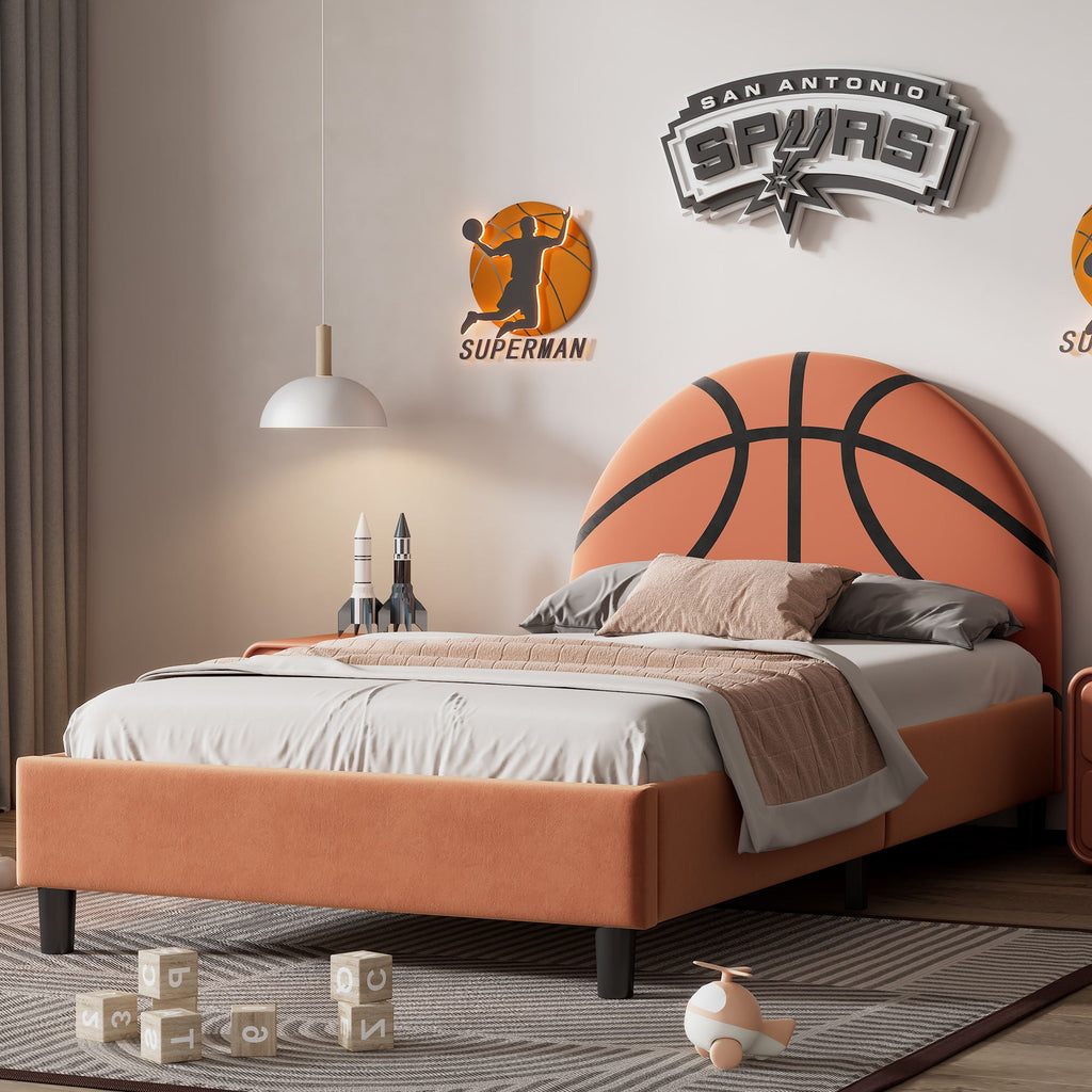 Basketball Upholstered Twin Platform Bed | Orange