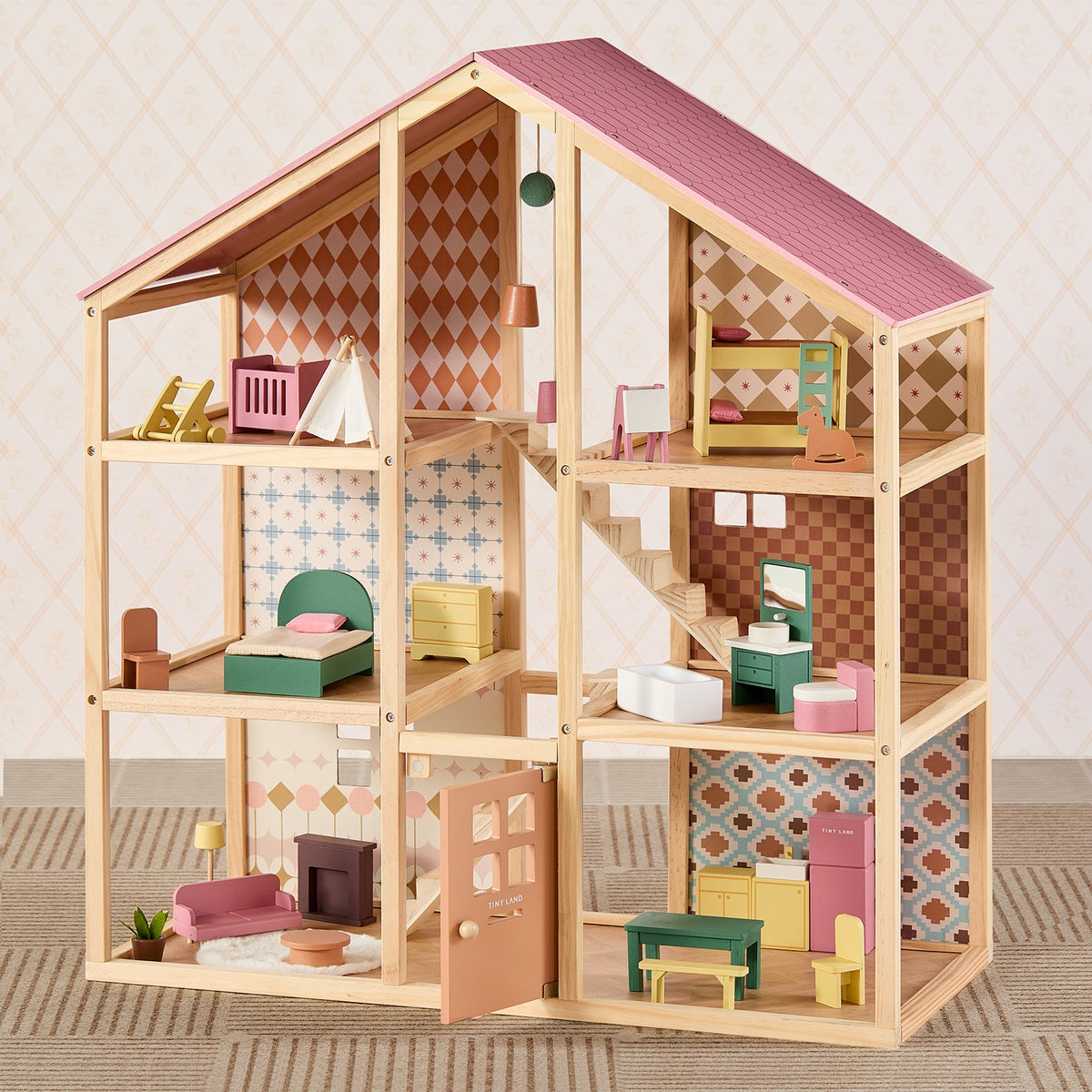 Tiny Land® Sweetwood Wooden Dollhouse with 30 Furniture Pieces