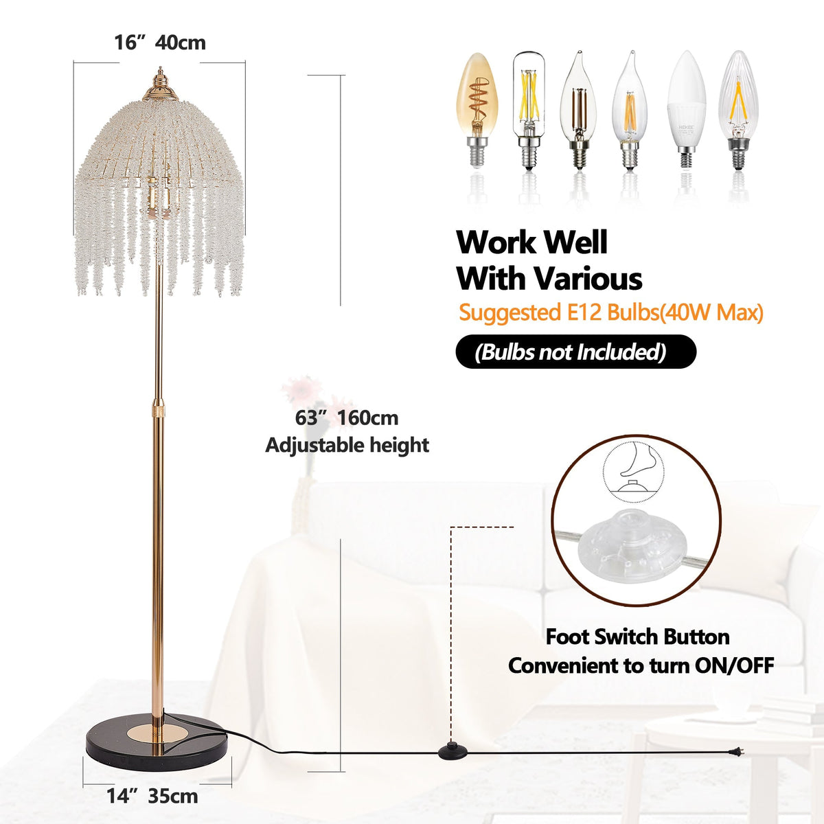 Gold Waterfall Beaded Floor Lamp