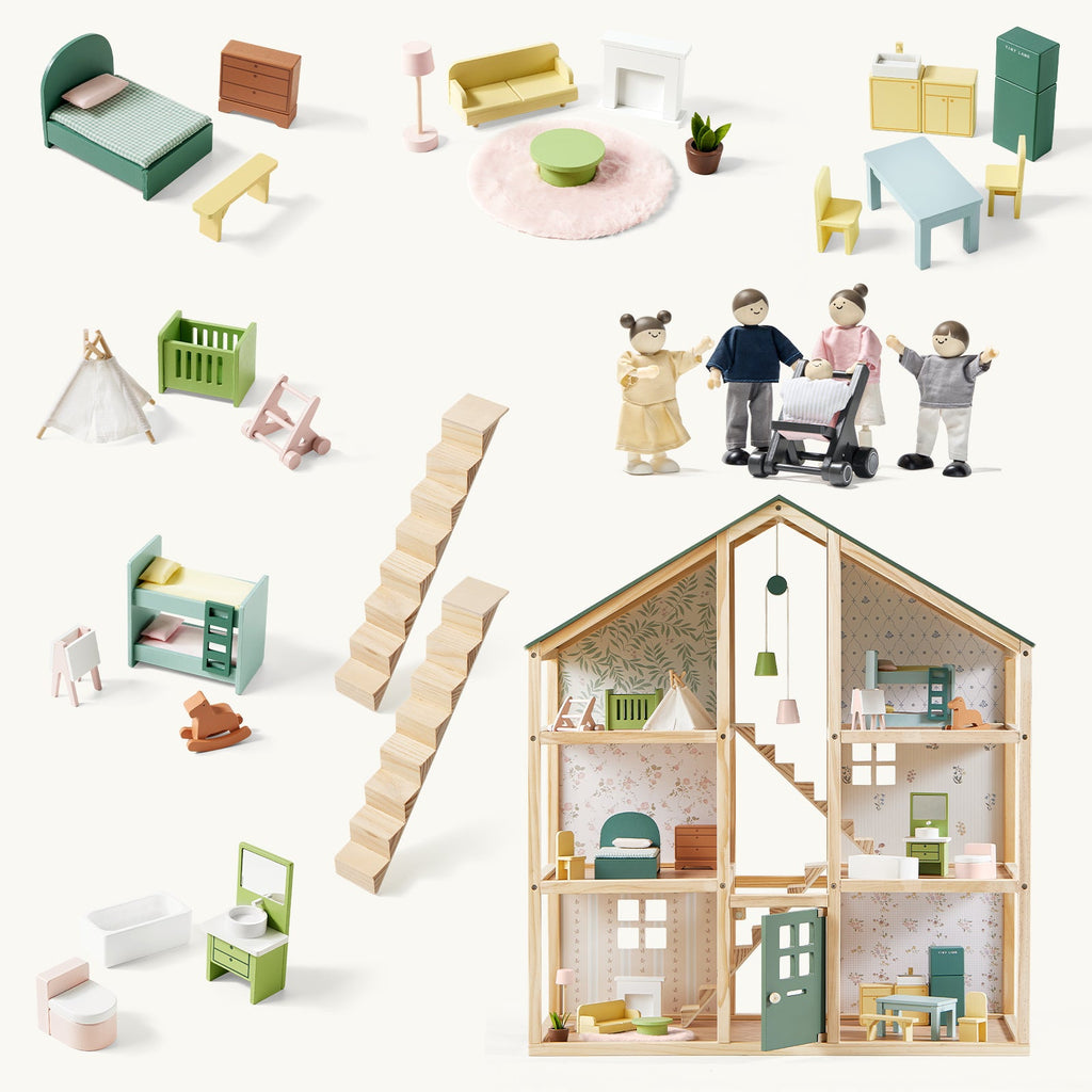 Tiny Land® Sweetwood Evergreen Dollhouse & Wooden Family Set
