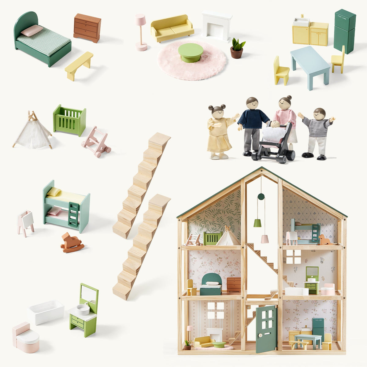 Tiny Land® Sweetwood Evergreen Dollhouse & Wooden Family Set