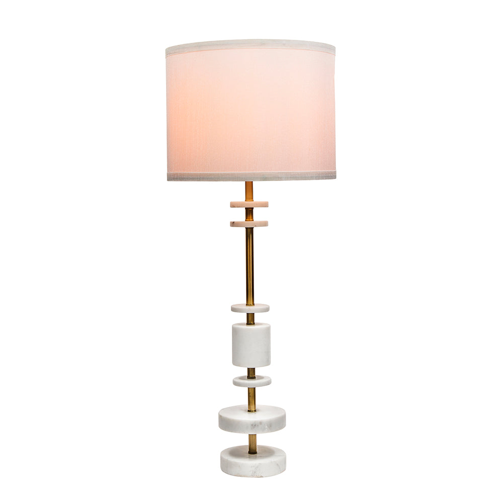 White Marble Table Lamp with Brass Frame and Drum Shade - White