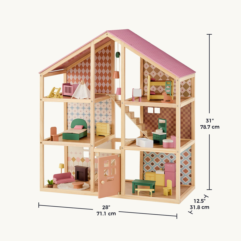 Tiny Land® Sweetwood Wooden Dollhouse with 30 Furniture Pieces