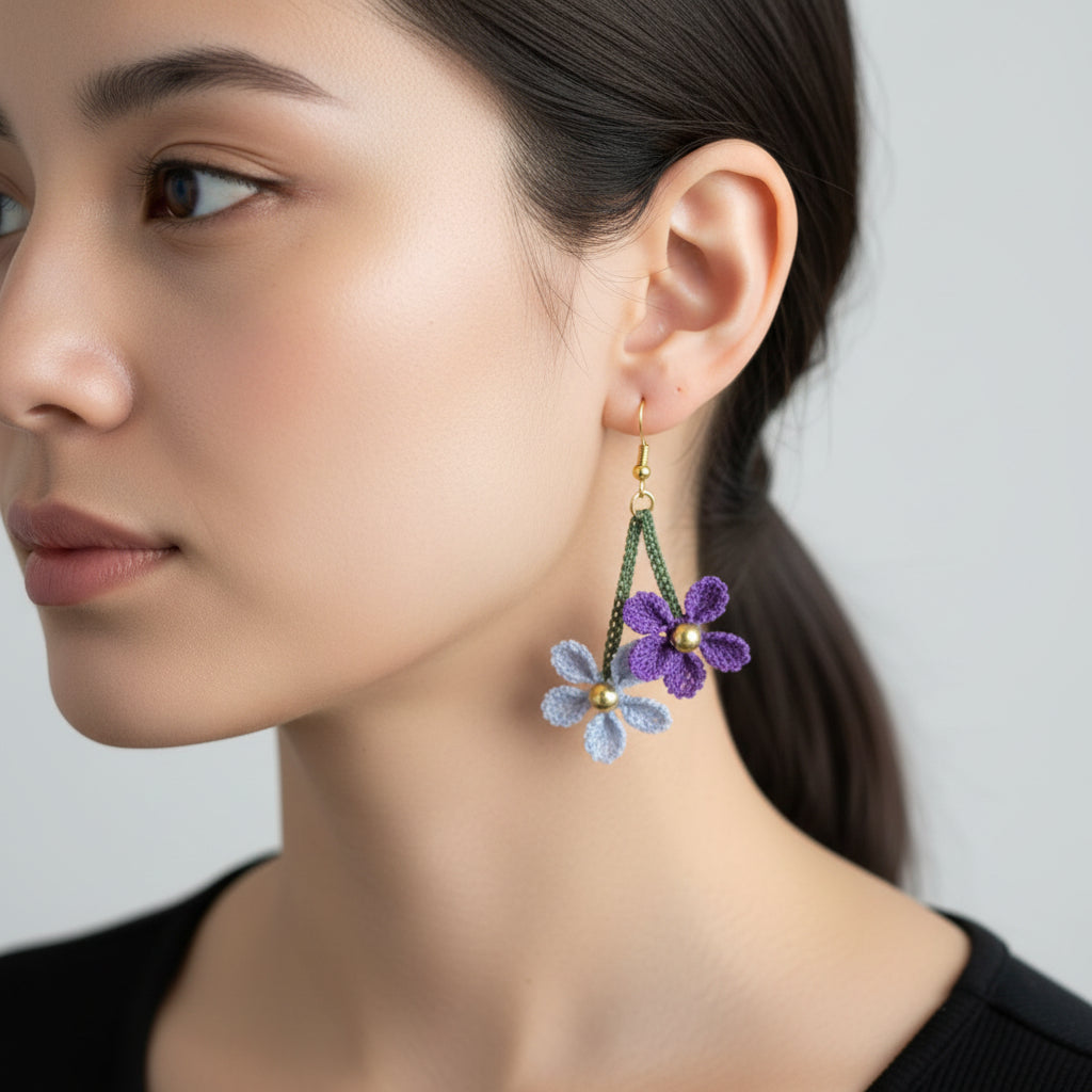 Handmade Purple & Blue Floral Crochet Dangle Earrings for Women