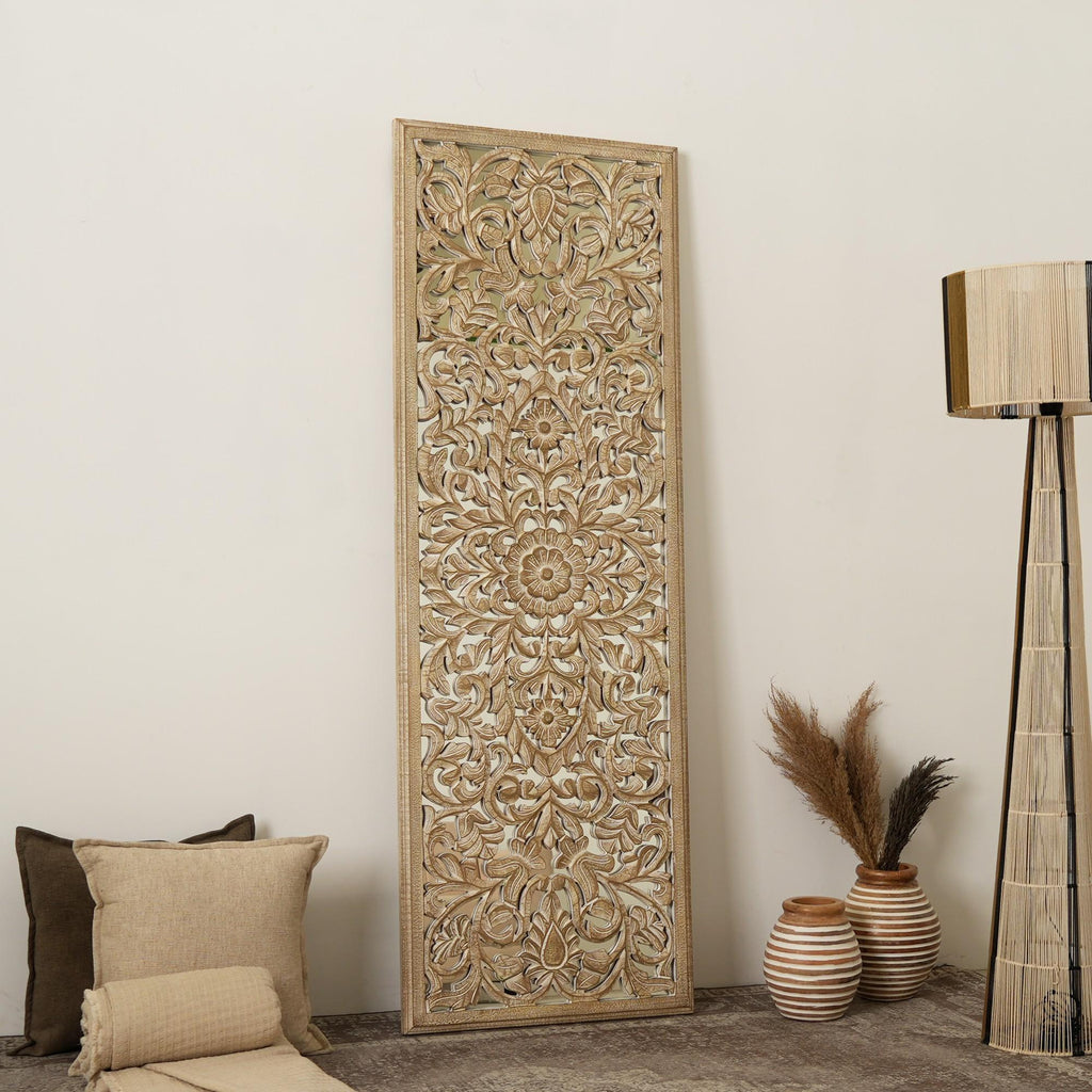 Hand-Carved Floral Mandala Wall Panel | Antique Brown & White