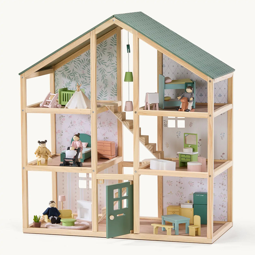 Tiny Land® Sweetwood Evergreen Dollhouse & Wooden Family Set