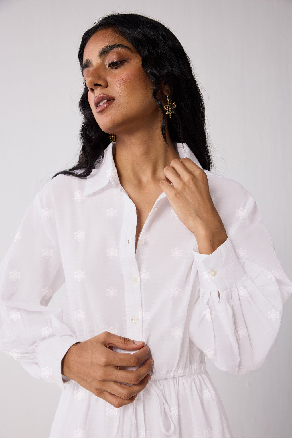 Embroidered Flowy Maxi Tiered Dress in White