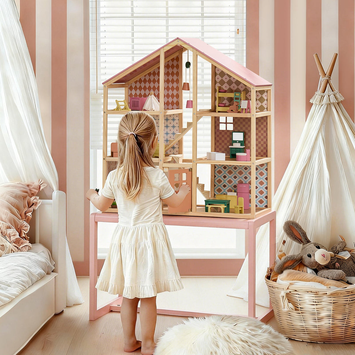 Tiny Land® Sweetwood Wooden Dollhouse with 30 Furniture Pieces