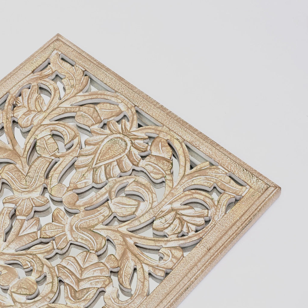 Hand-Carved Floral Mandala Wall Panel | Antique Brown & White