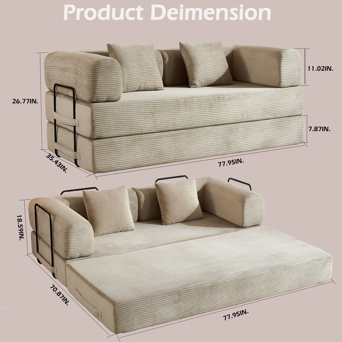Convertible Floor Sleeper Sofa with Cylindrical Pillow