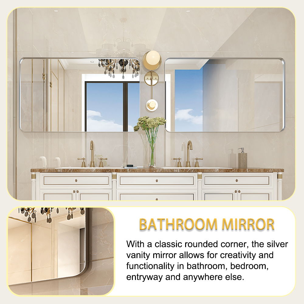 Rounded Corner Vanity Mirror | Brushed Silver, 40 × 30