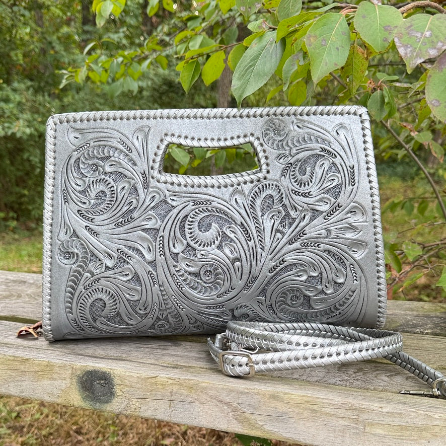 Hand-Tooled Leather Large Clutch & Crossbody, "JENNY" by ALLE