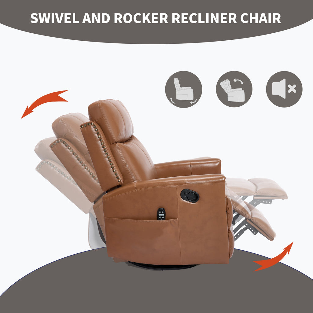 Genuine Leather Swivel Massage Recliner with Lumbar Heat