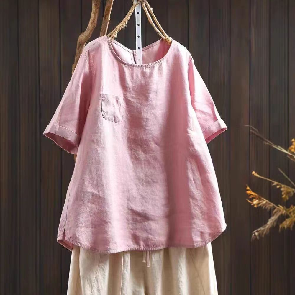 Natural Linen Loose T-Shirt — Breathable Blue