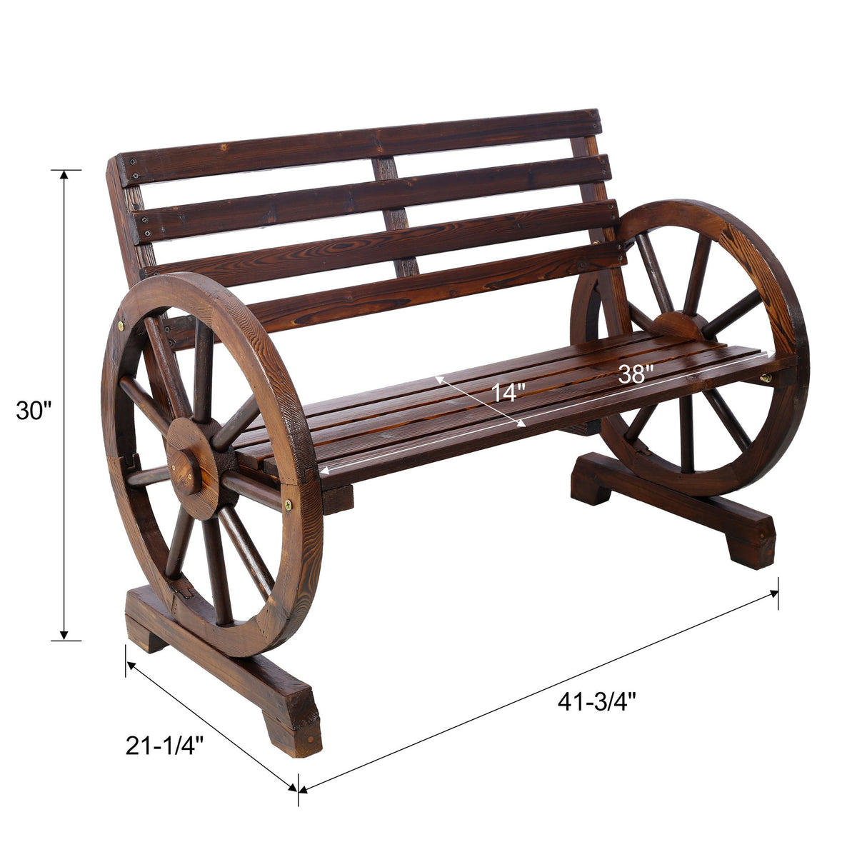 Wagon Wheel Fir Wood Garden Bench | Dark Brown, Two-Seater