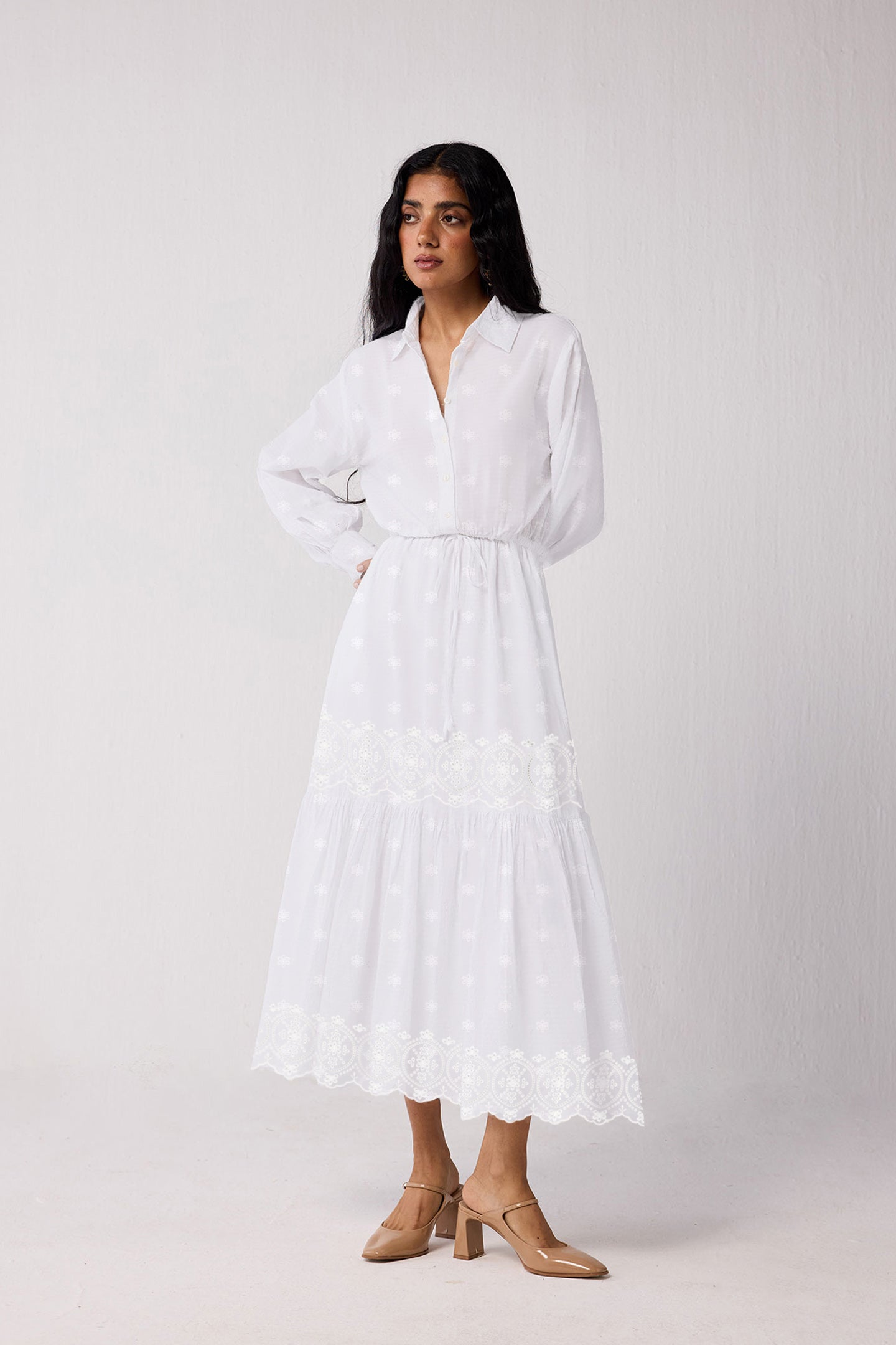 Embroidered Flowy Maxi Tiered Dress in White