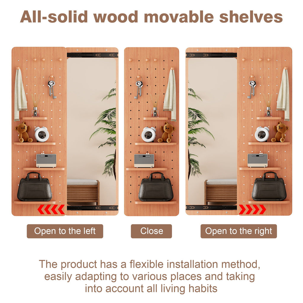 Wall-Mounted Wood Storage Mirror with Shelf & Hook