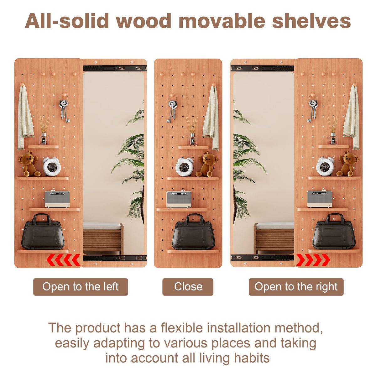Wall-Mounted Wood Storage Mirror with Shelf & Hook