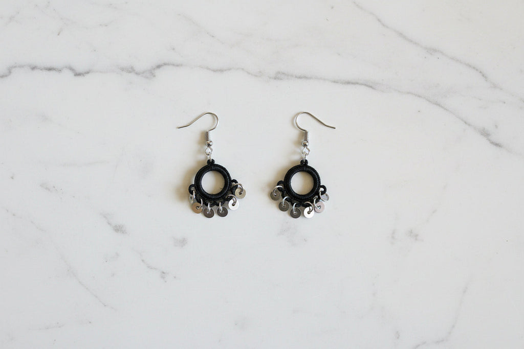Handmade Black Crochet Hoop Dangle Earrings for Women