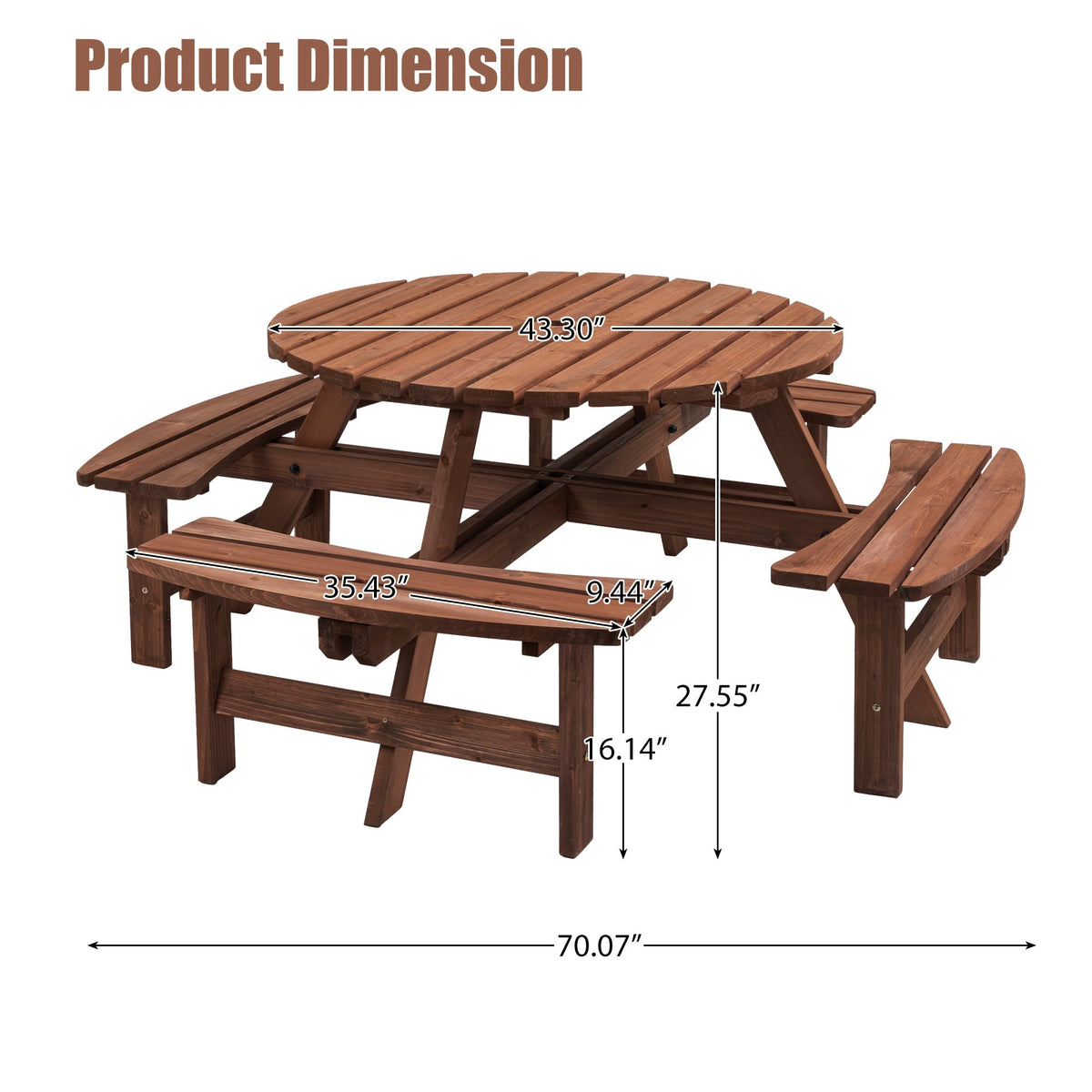 8-Person Solid Fir Wood Picnic Table with Benches