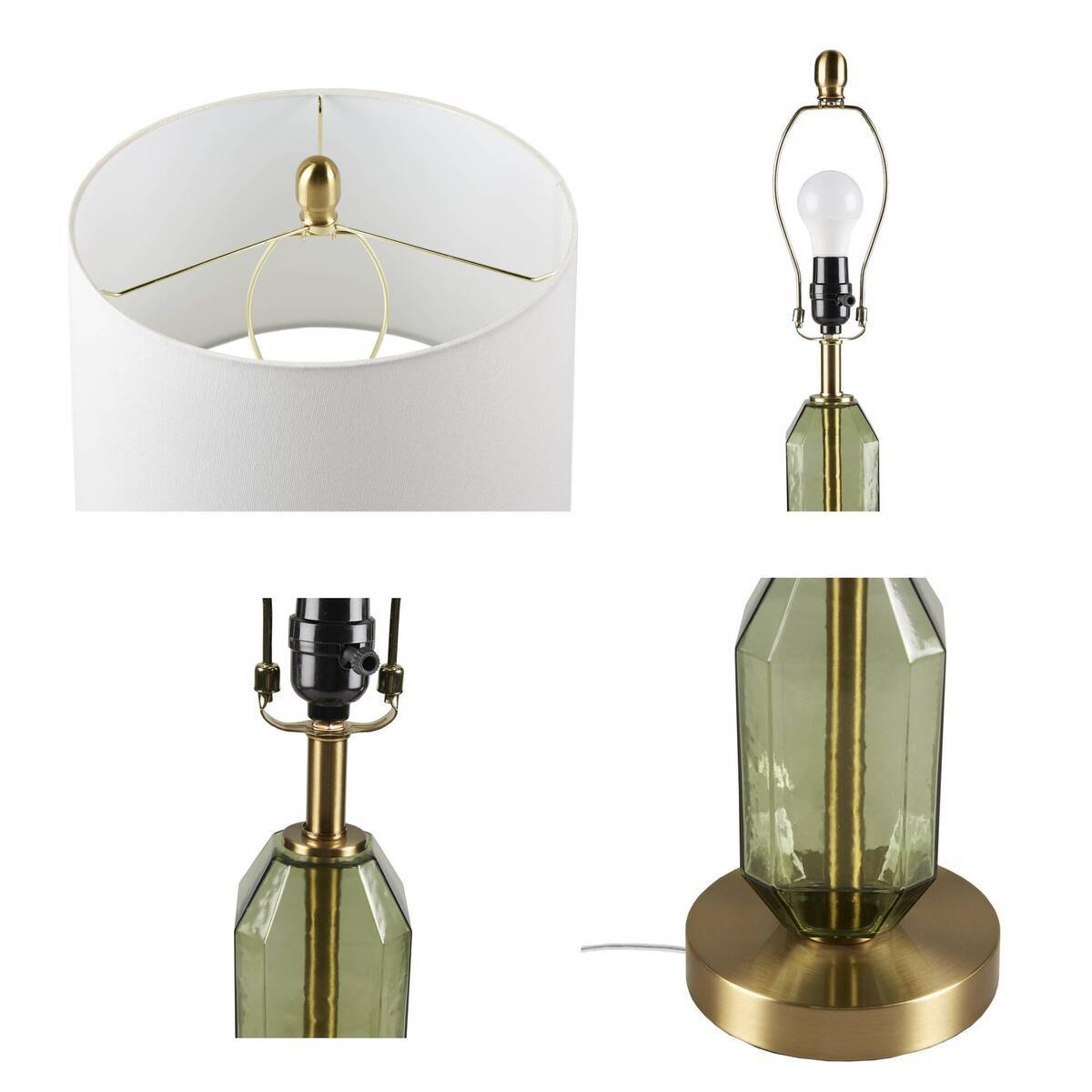Faceted Green Glass Table Lamp with White Fabric Shade - Green