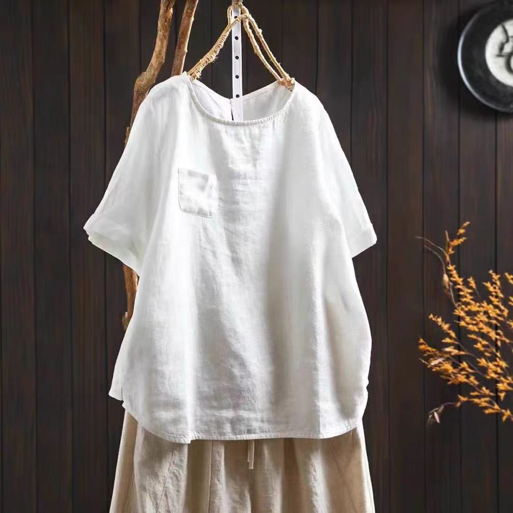 Natural Linen Loose T-Shirt — Breathable Blue