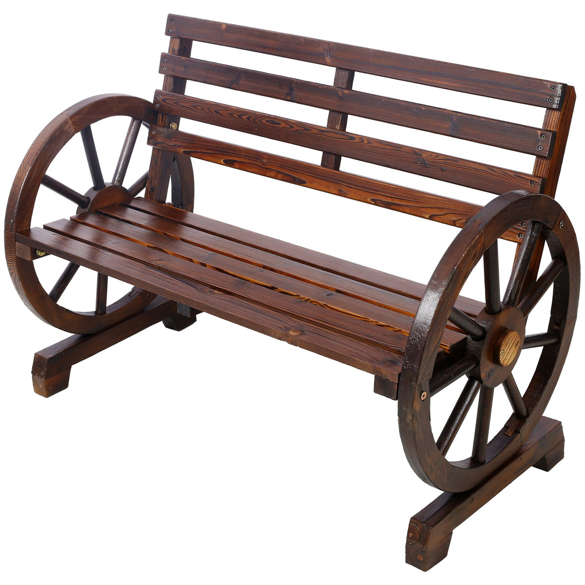 Wagon Wheel Fir Wood Garden Bench | Dark Brown, Two-Seater