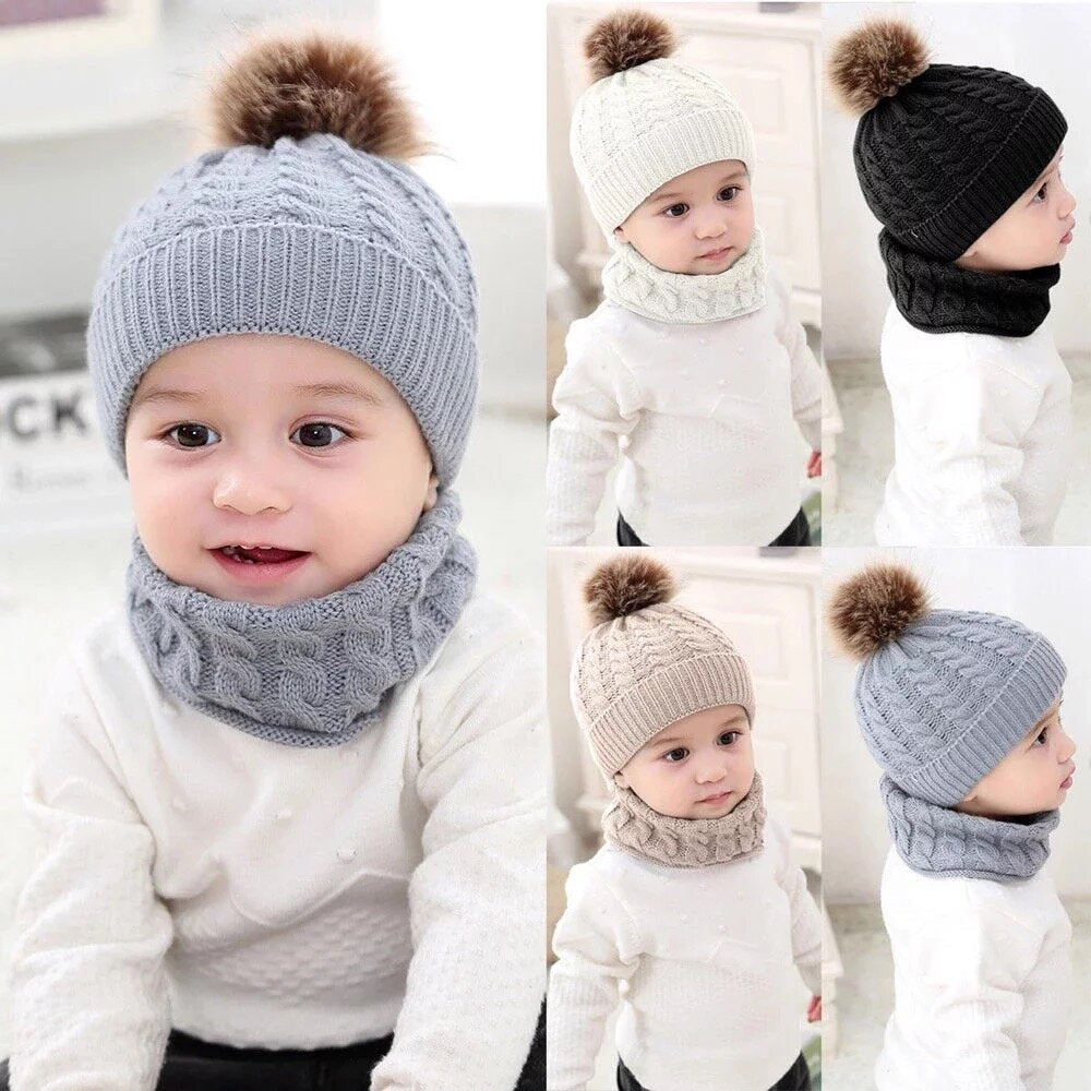 Organic Cotton Kids Beanie & Ring Scarf Set | Chunky Knit, Pom Pom | Toddler Winter Set Ages 1-4